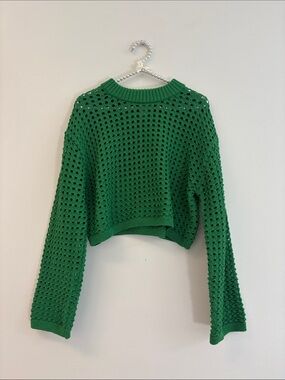 H&M Green Cropped Open-Knit Sweater Women crochet boho spring summer Sz Sm fairy